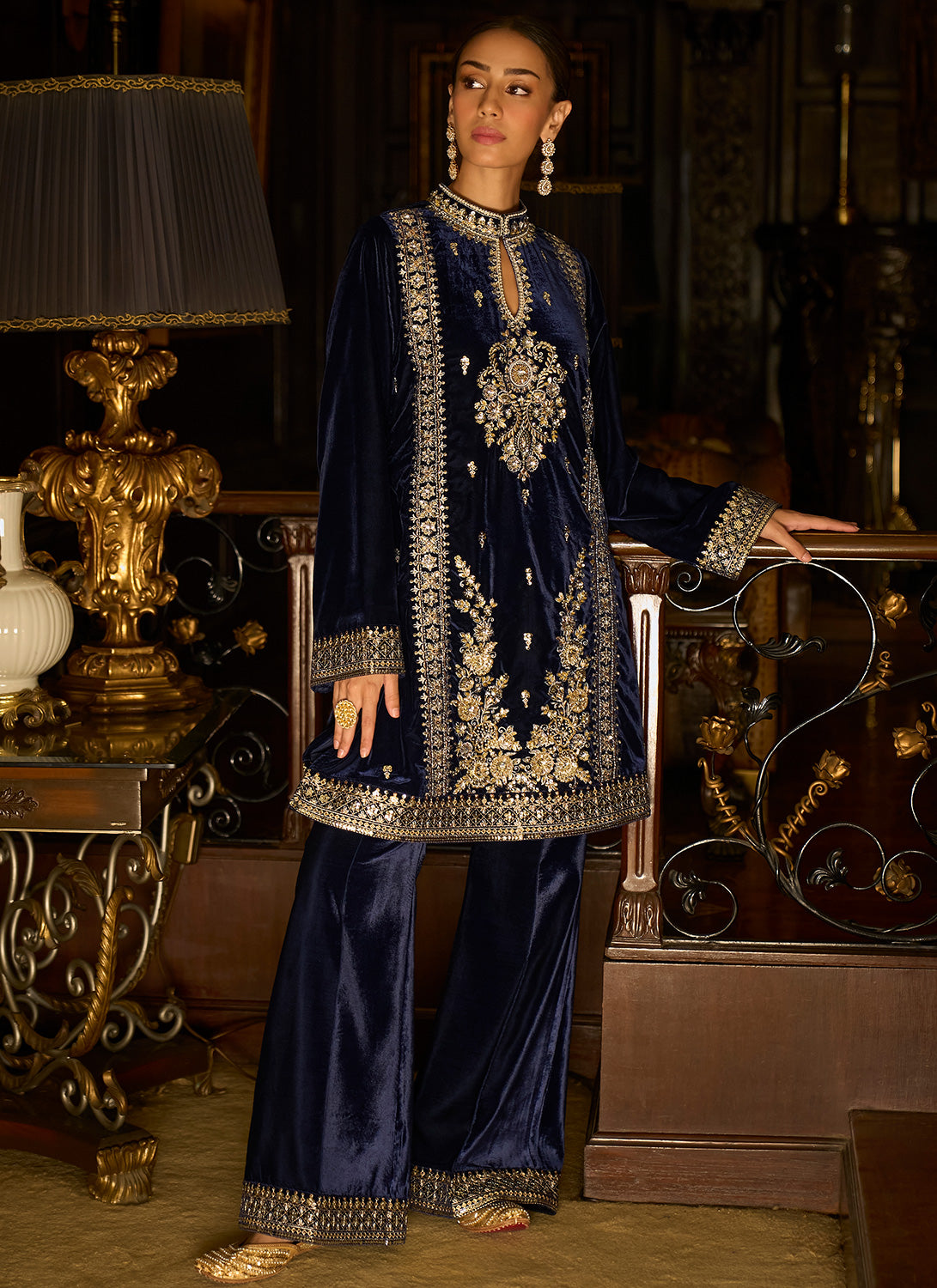 Blue Embroidered Velvet Pant Suit