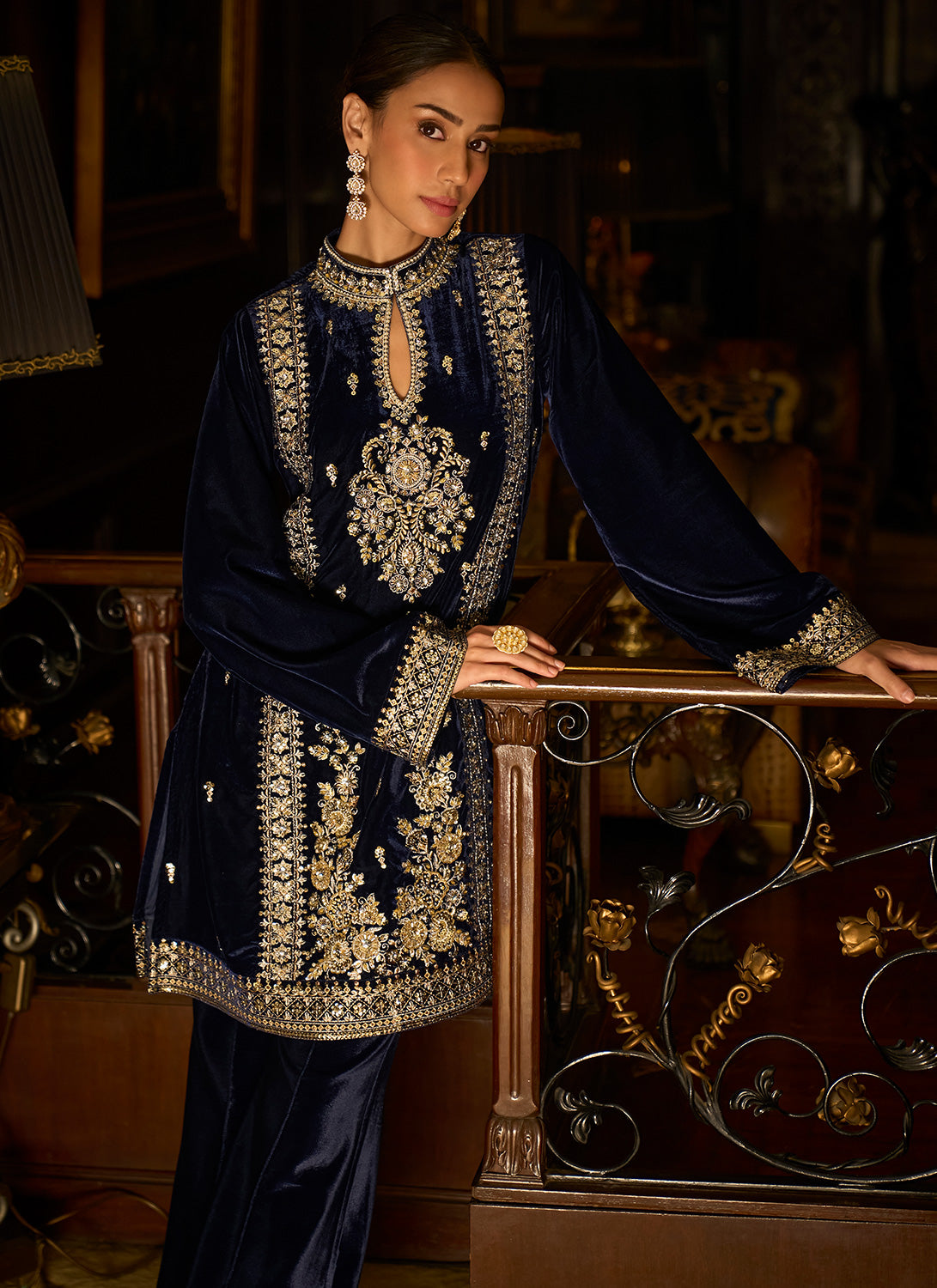 Blue Embroidered Velvet Pant Suit