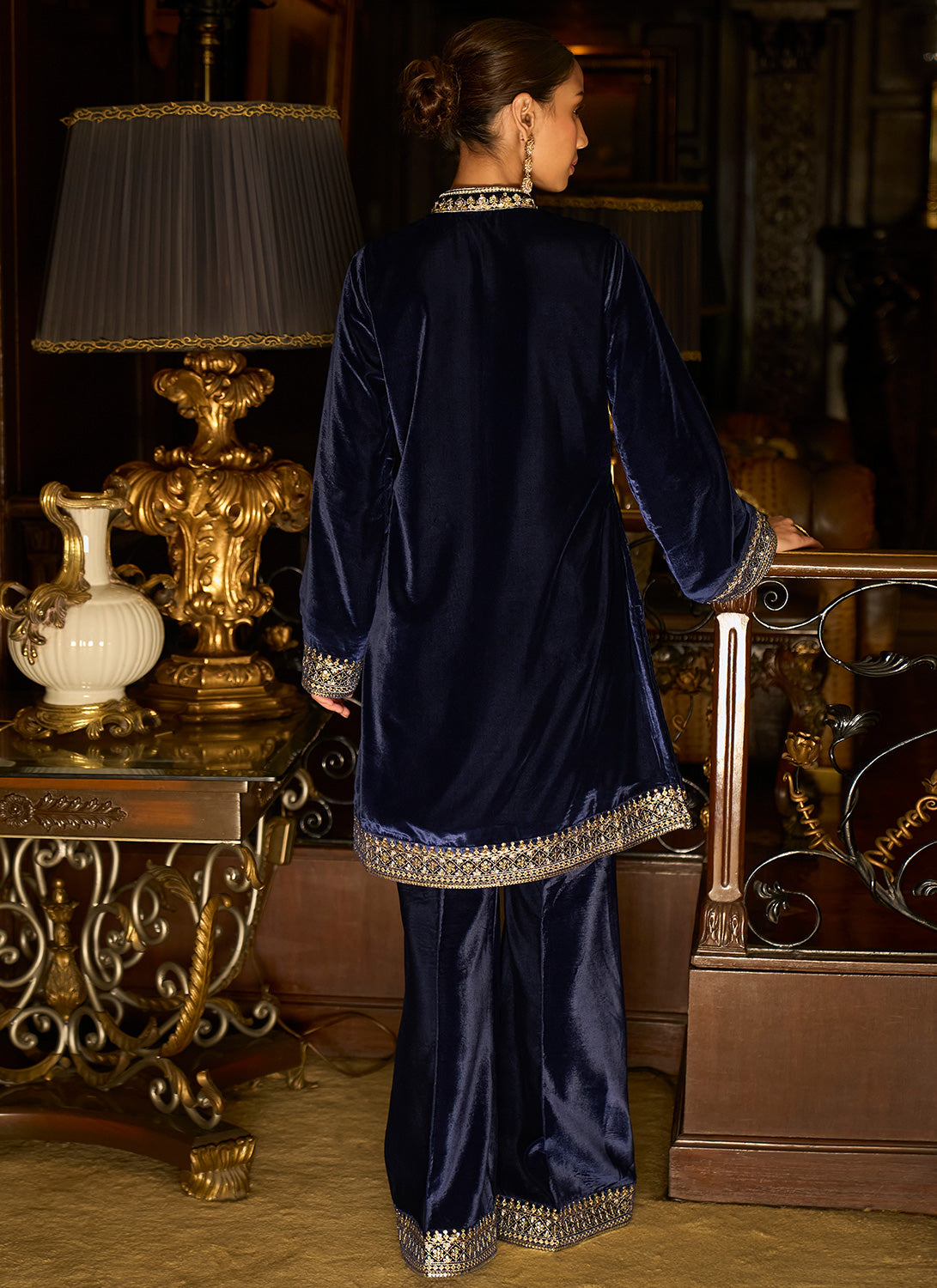 Blue Embroidered Velvet Pant Suit