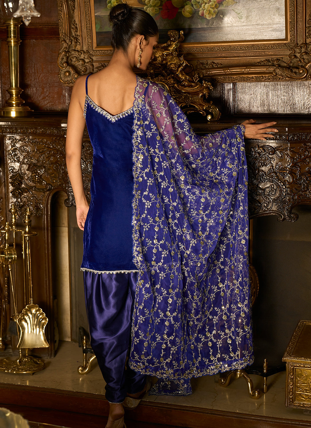 Blue Embroidered Velvet Punjabi Suit