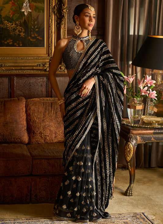 Black Embroidered Velvet Saree