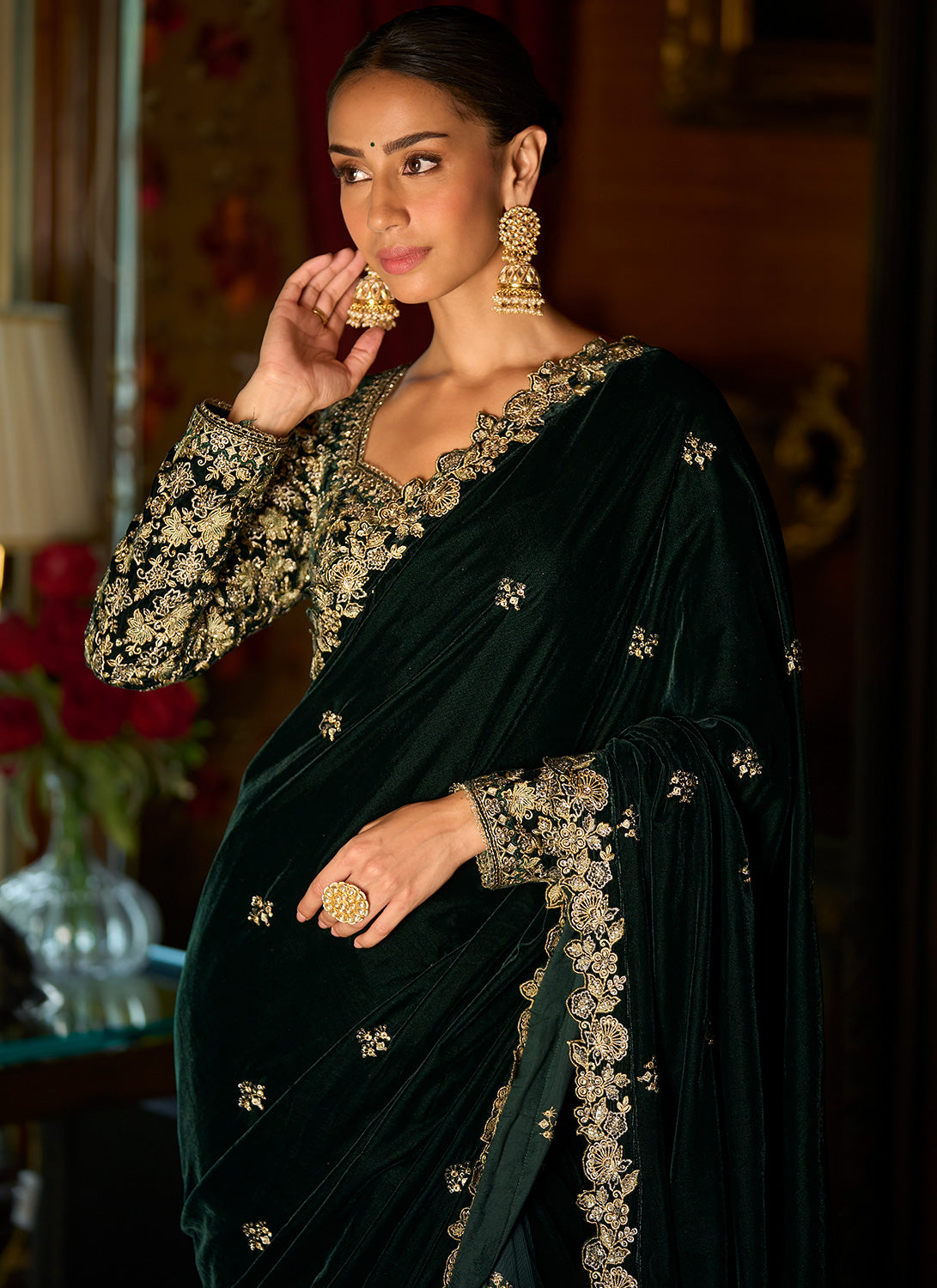 GREEN VELVET SAREE EMBROIDERY PARTY WEAR BLOUSE NET SARI INDIAN PAKISTANI  DRESS | eBay