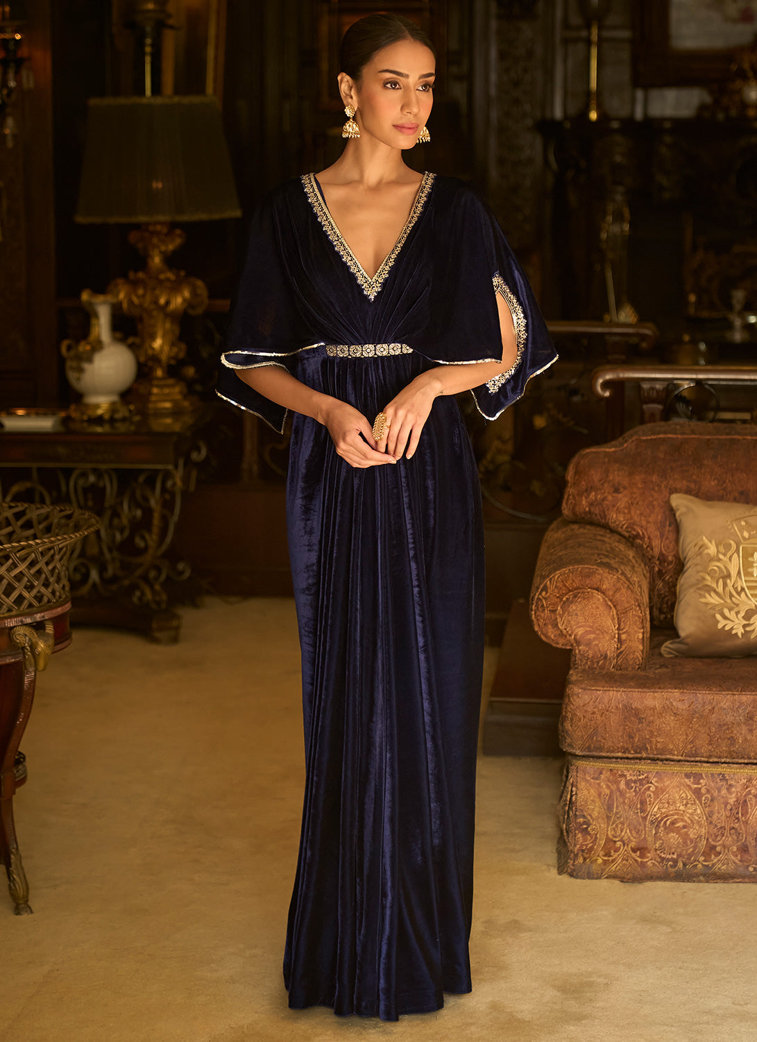 Blue Embroidered Velvet Kaftan