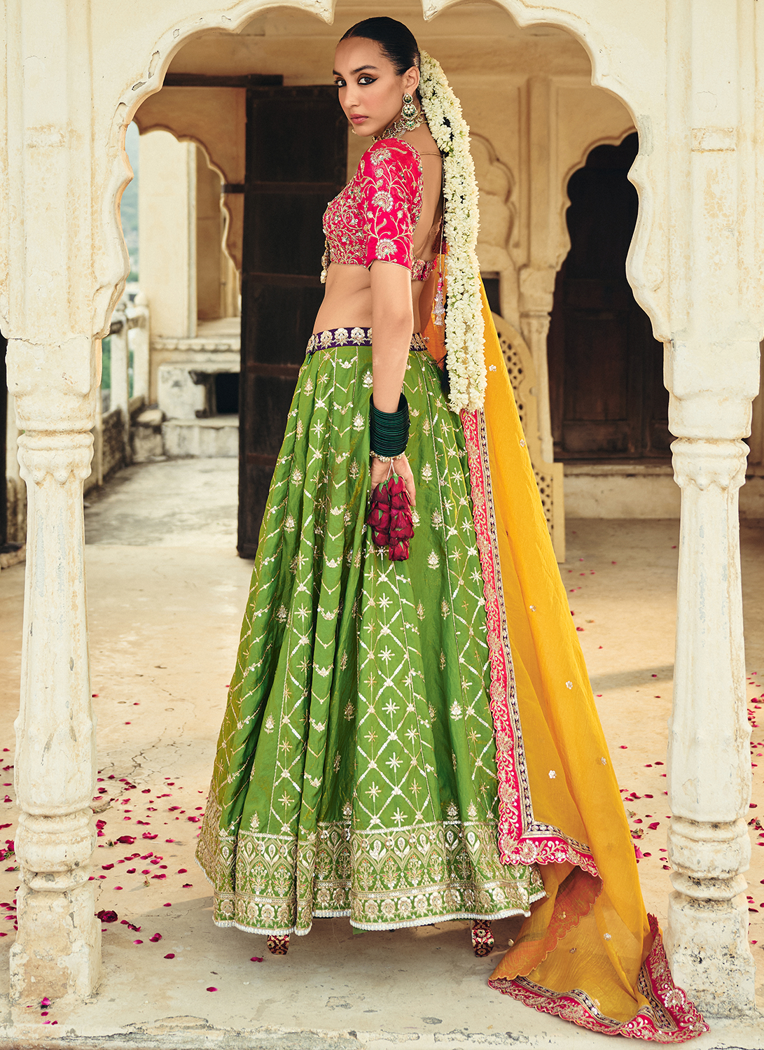 Pink and Green Embroidered Tissue Lehenga