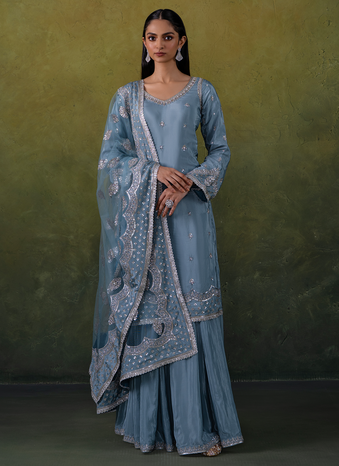 Light Blue Embroidered Crepe Sharara Suit