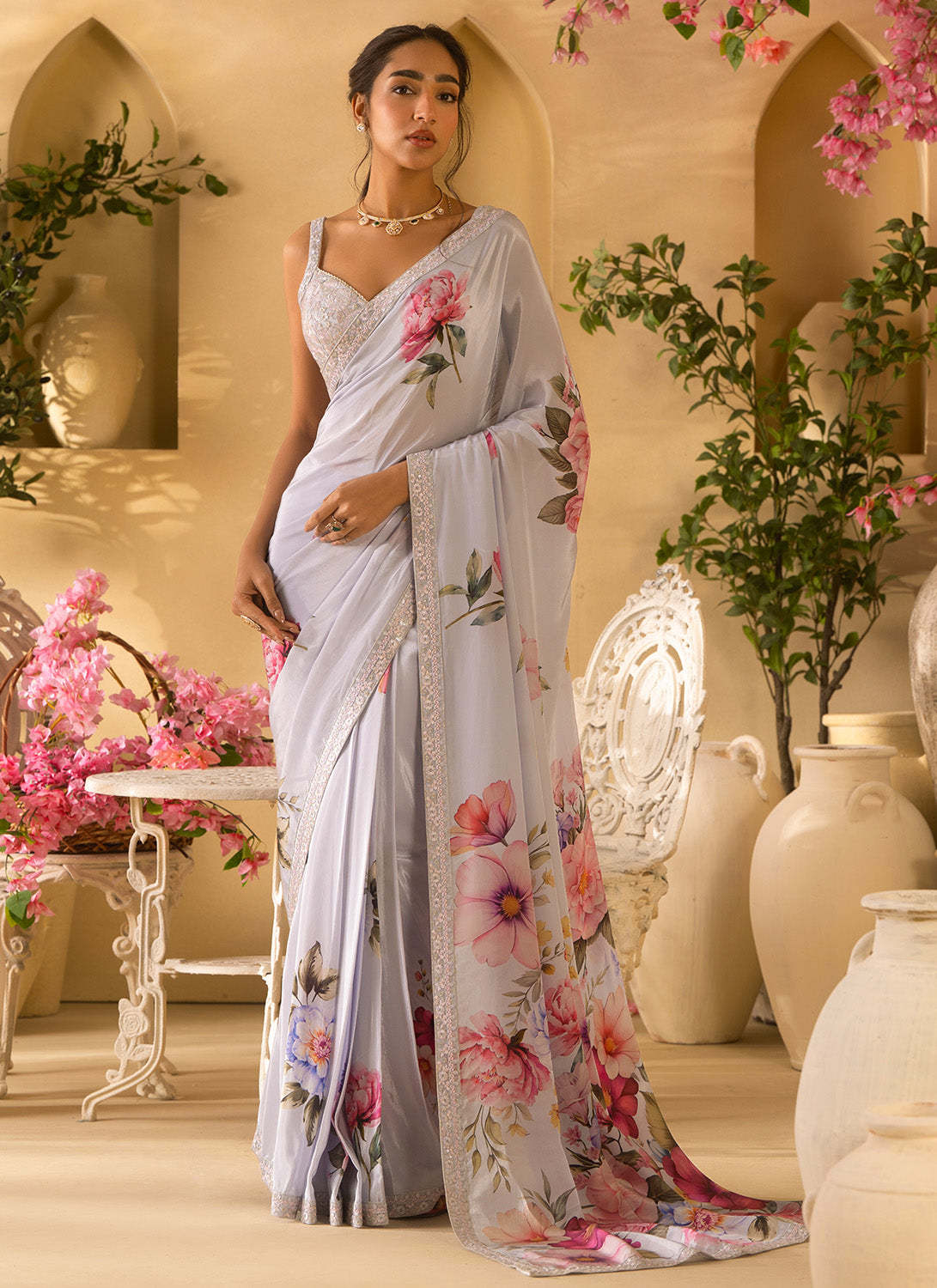 Light Blue Floral Embroidered Crepe Silk Saree