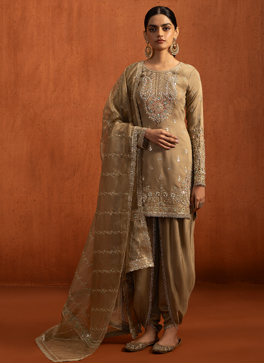Light Golden Brown Embroidered Punjabi Suit