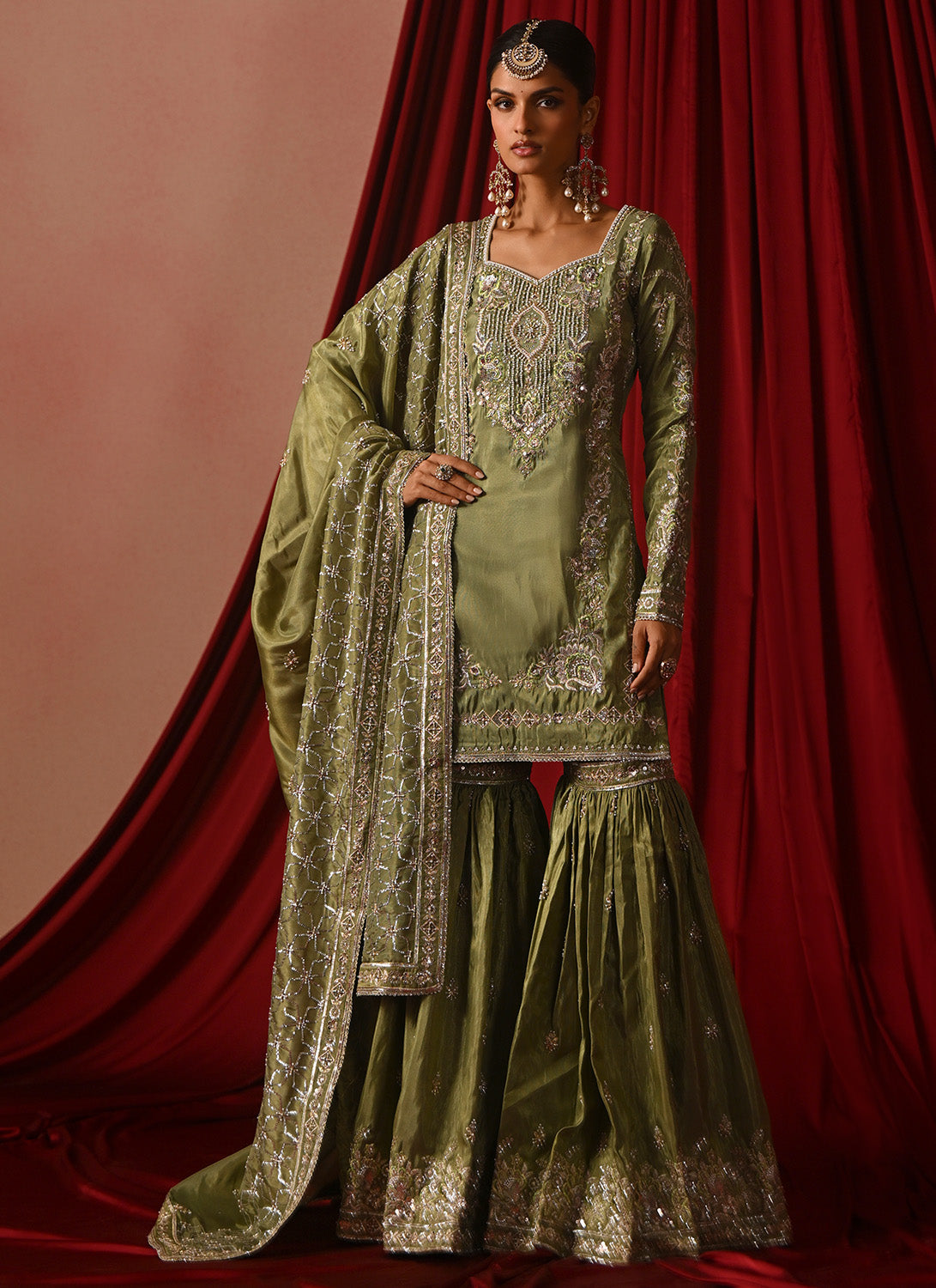 Light Green Embroidered Silk Gharara Suit