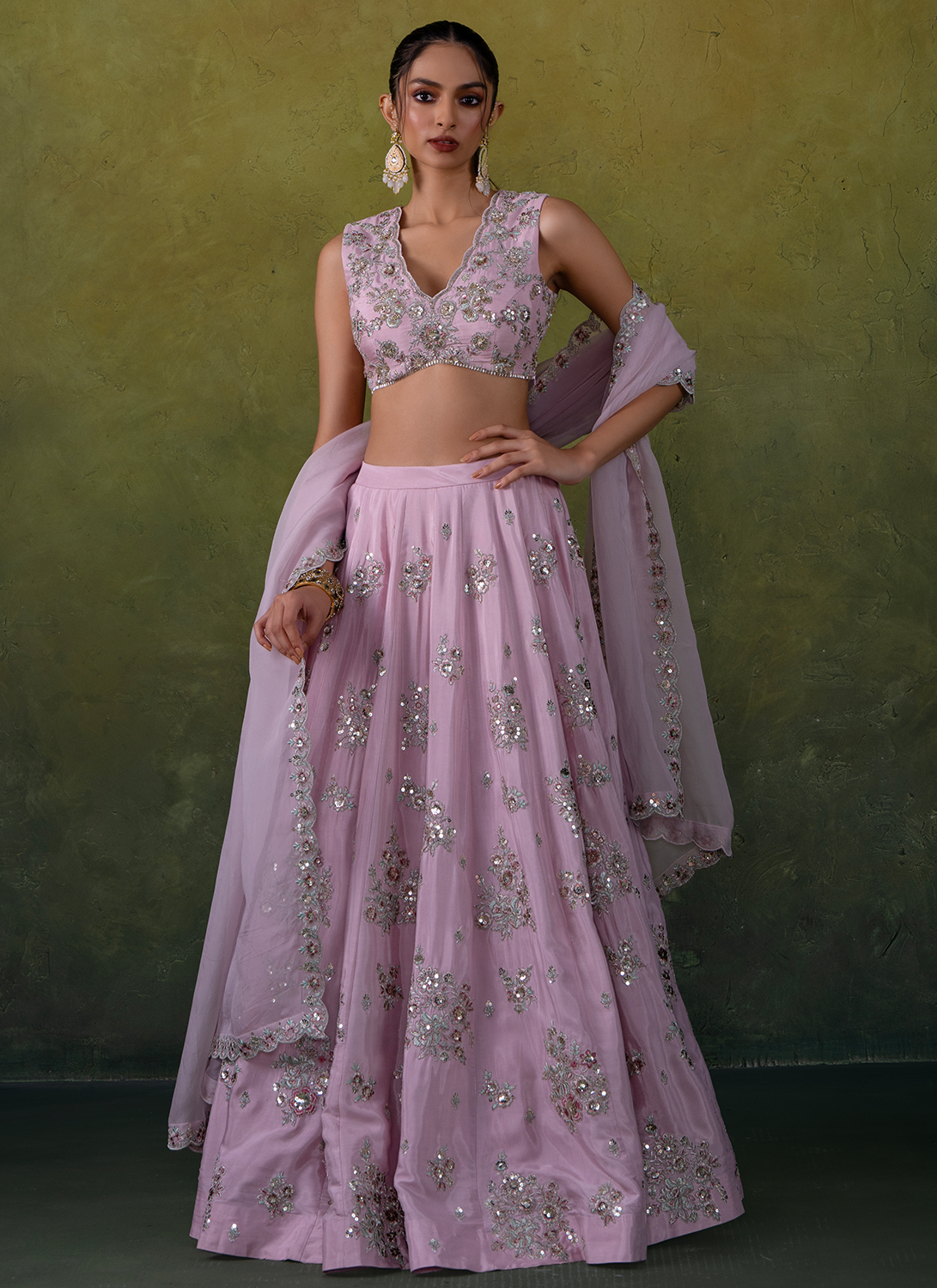Light Pink Embroidered Viscose Silk Lehenga