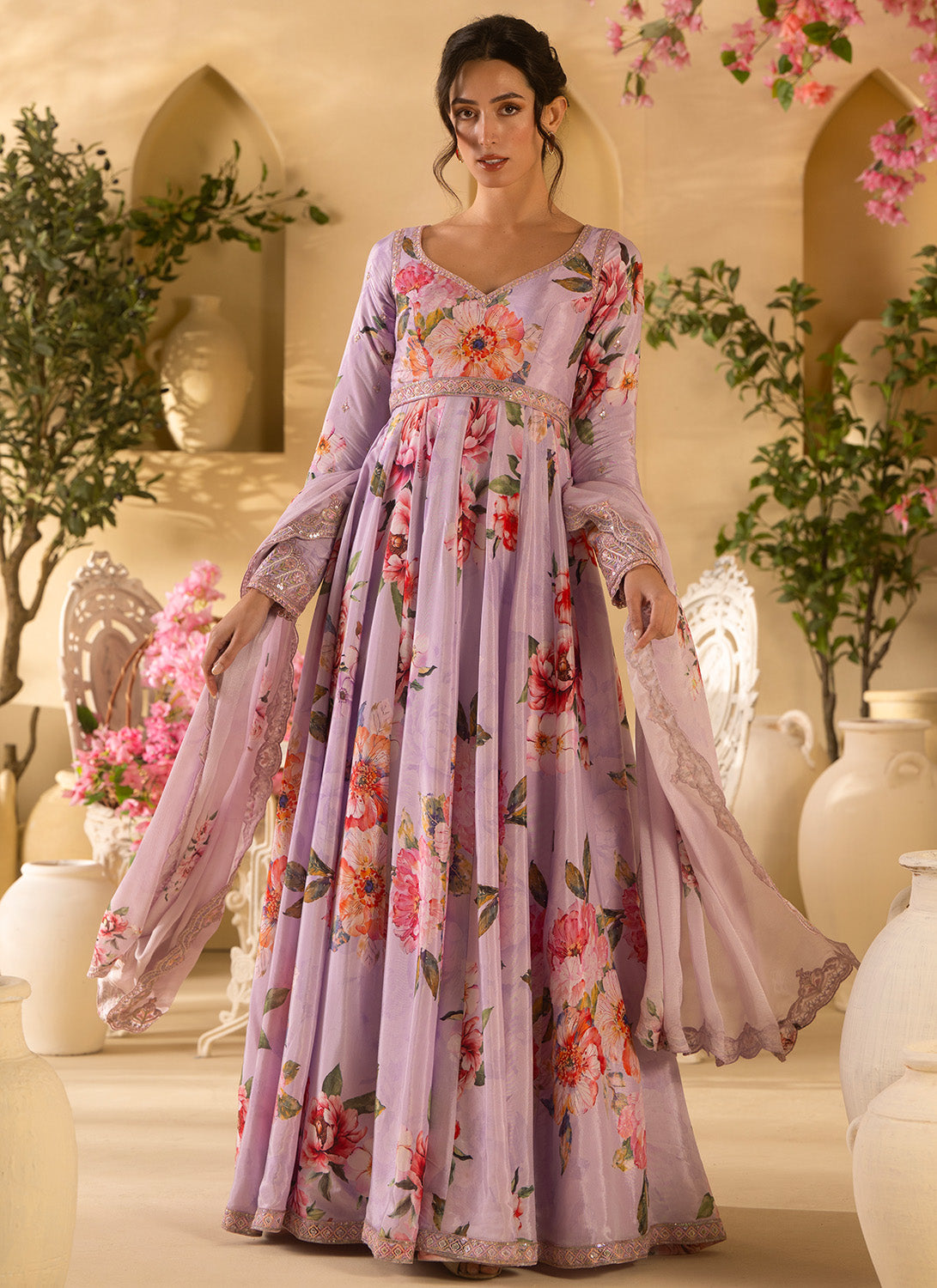 Lilac Floral Embroidered Satin Georgette Anarkali Suit