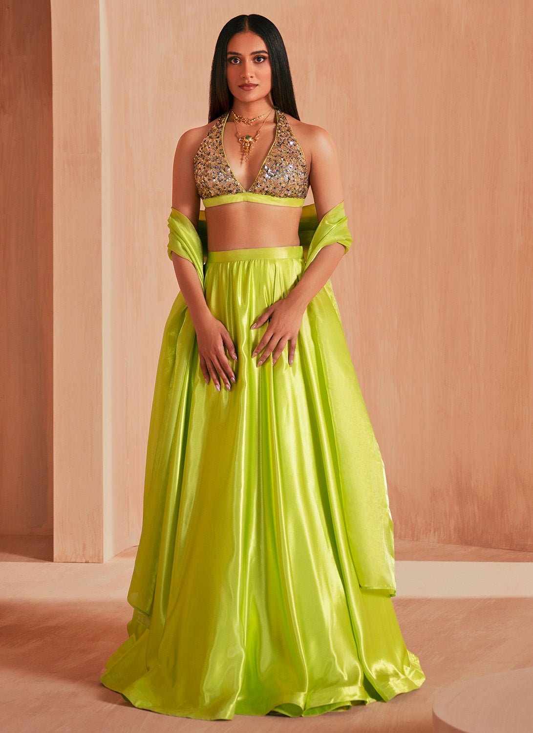 Lime Green Embroidered Satin Lehenga
