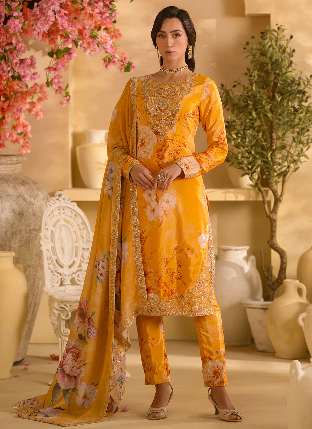 Marigold Yellow Floral Embroidered Crepe Silk Pant Suit