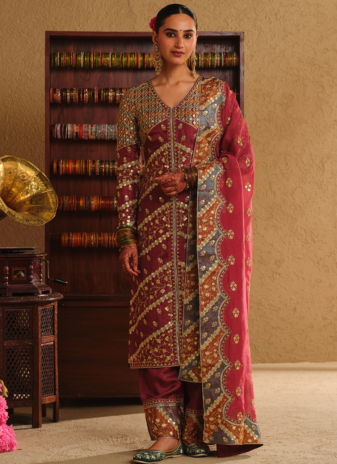 Maroon Embroidered Viscose Silk Palazzo Suit