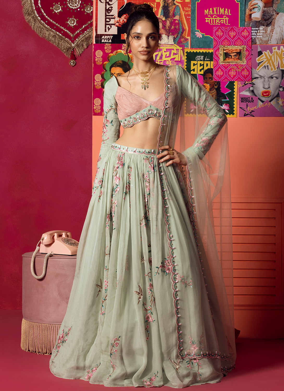 Mint Green Embroidered Organza Lehenga
