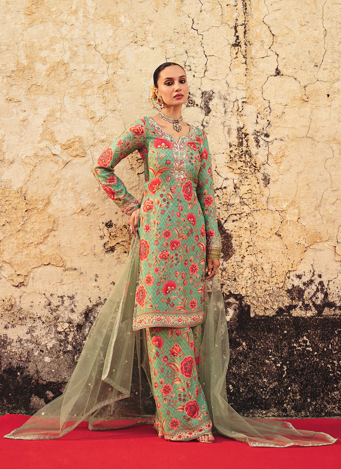 Mint Green Floral Embroidered Palazzo Suit