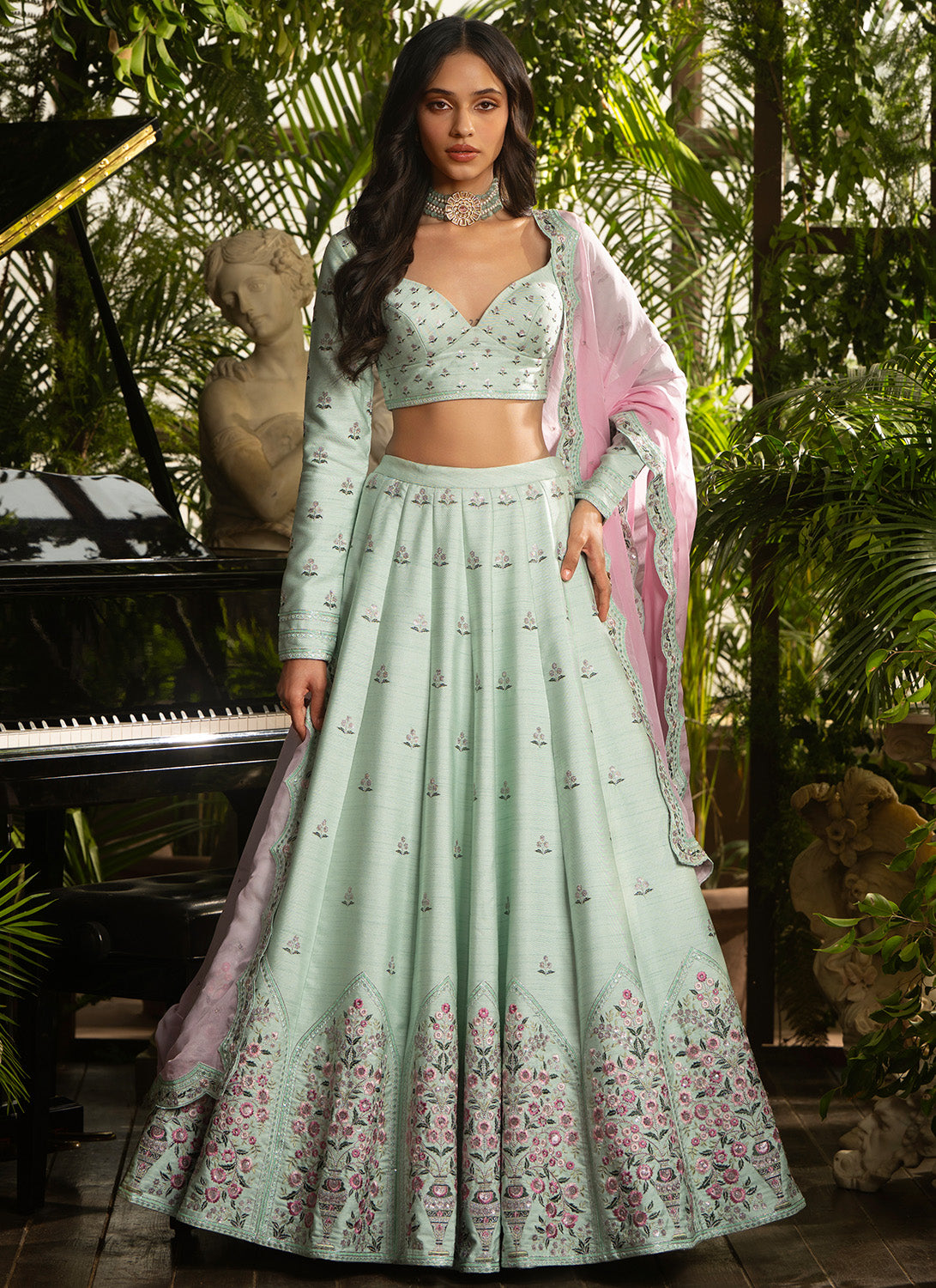 Mint Green Multicolor Raw Silk Lehenga