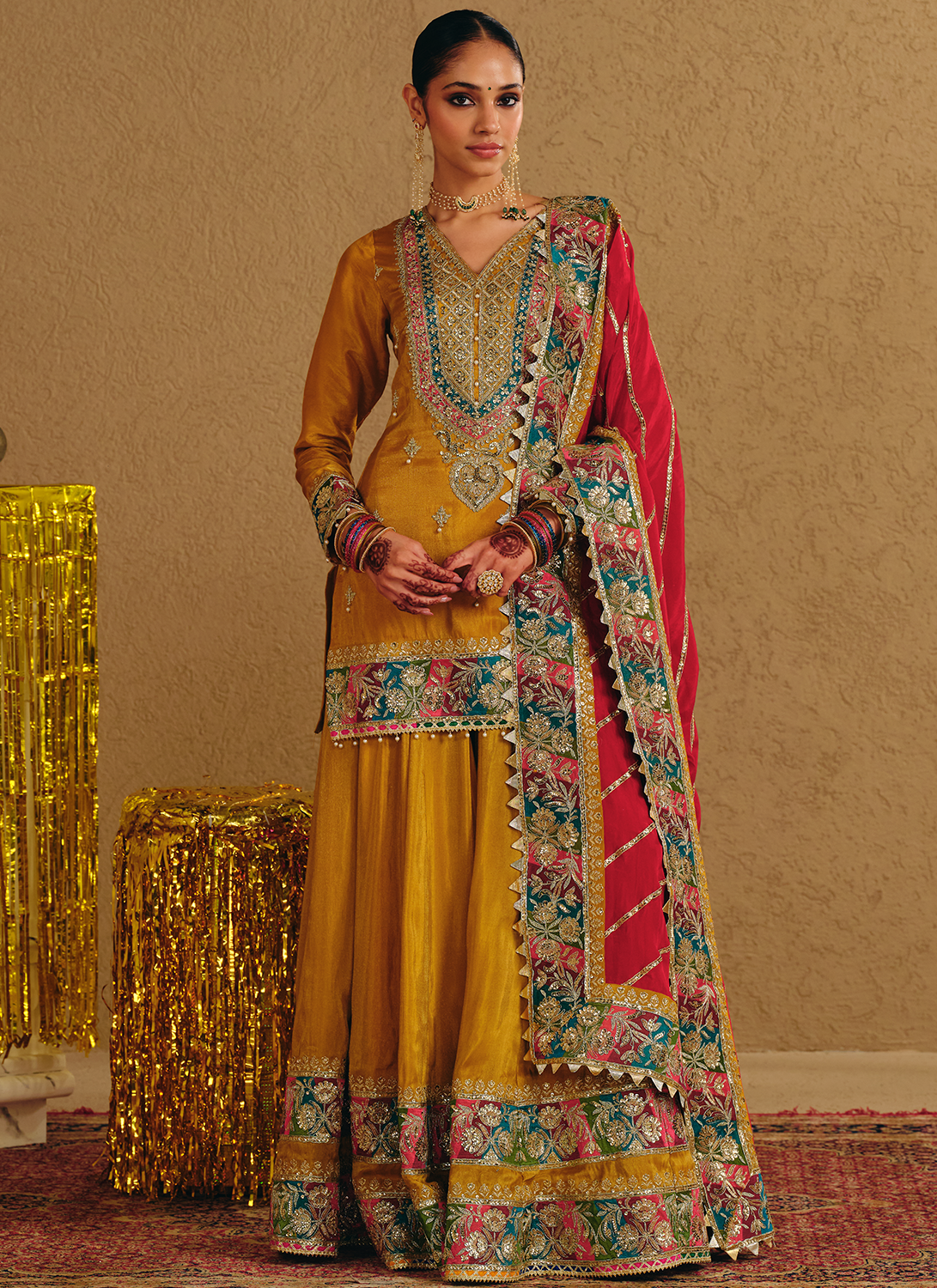 Mustard Multicolor Embroidered Viscose Organza Sharara