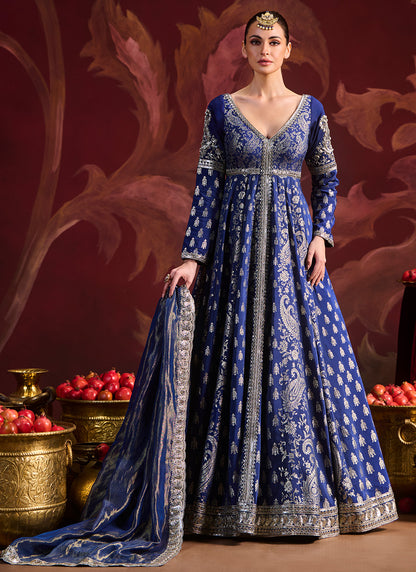 Navy Blue Embroidered Brocade Anarkali