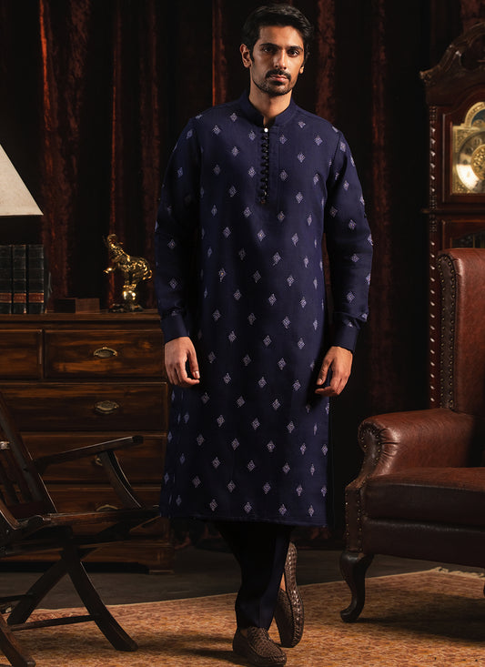 Navy Blue Embroidered Kurta Set