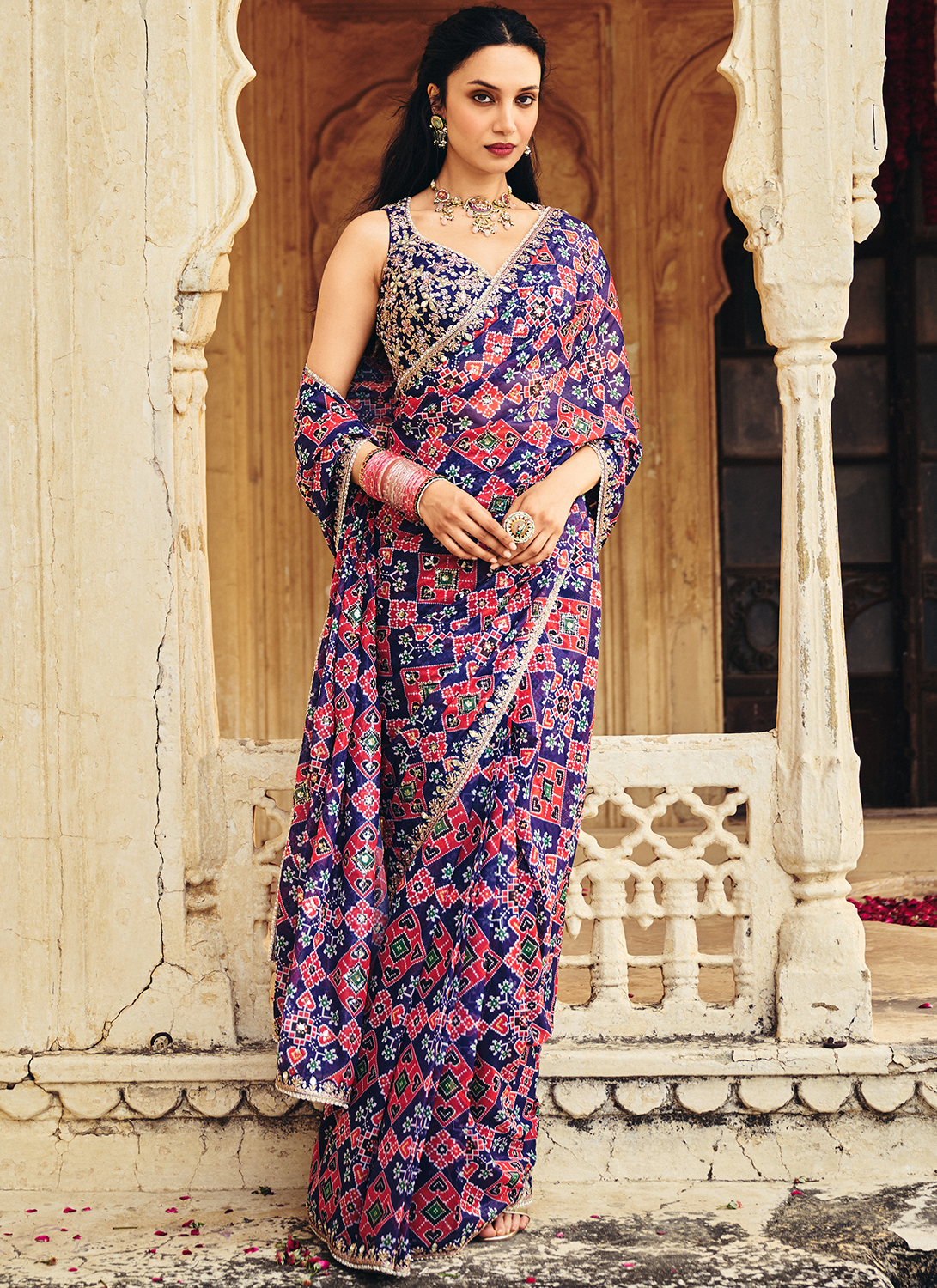 Navy Blue Embroidered Multicolor Chiffon Saree