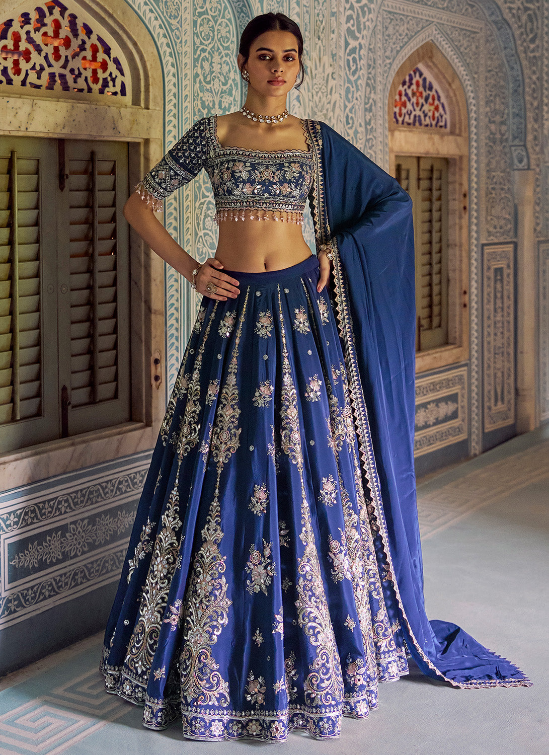 Navy Blue Embroidered Viscose Crepe Lehenga