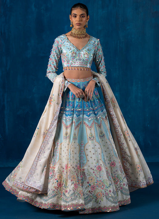Off White and Sky Blue Multicolor Embroidered Lehenga