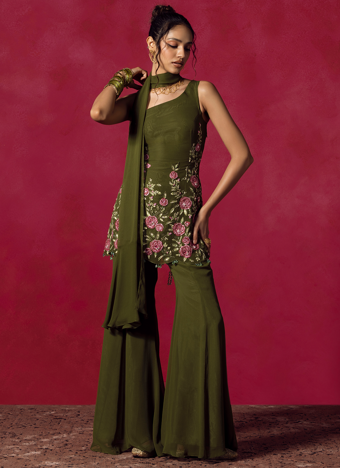 Olive Green Embroidered Viscose Georgette Pant Suit