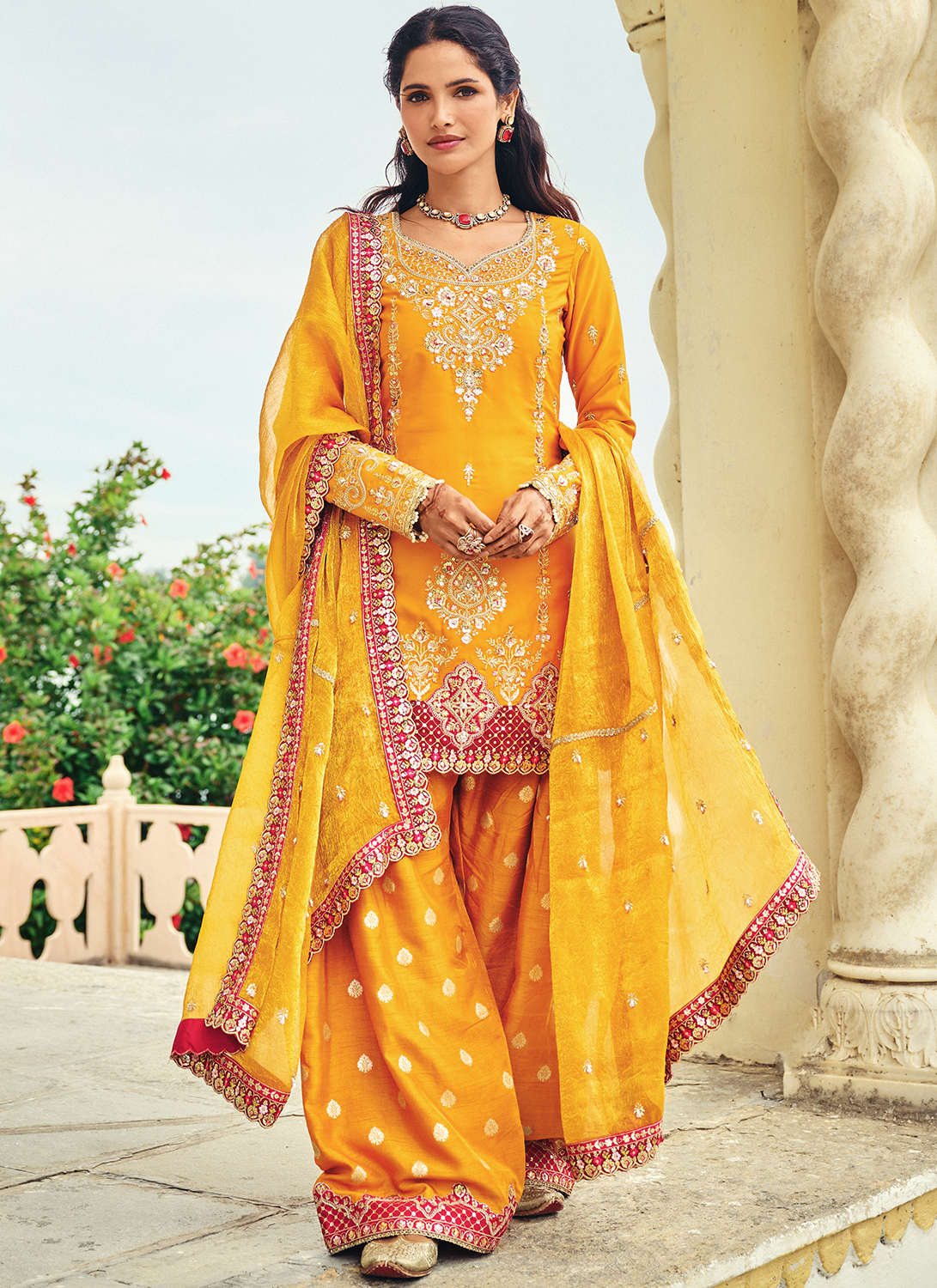 Orange Embroidered Crepe Punjabi Suit