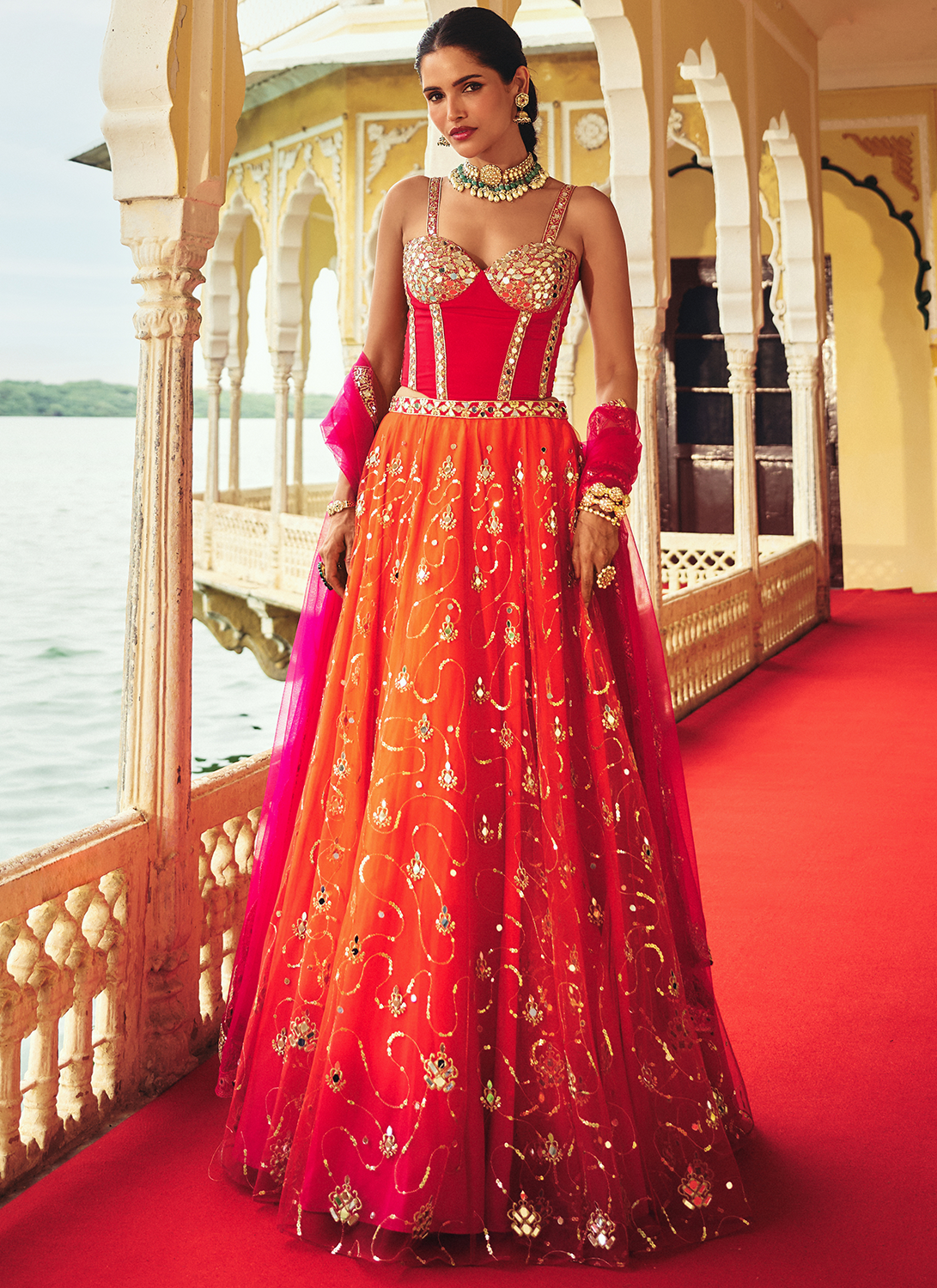 Orange and Pink Embroidered Corset Style Crepe Lehenga