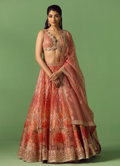 Peach Multicolor Floral Printed Organza Lehenga