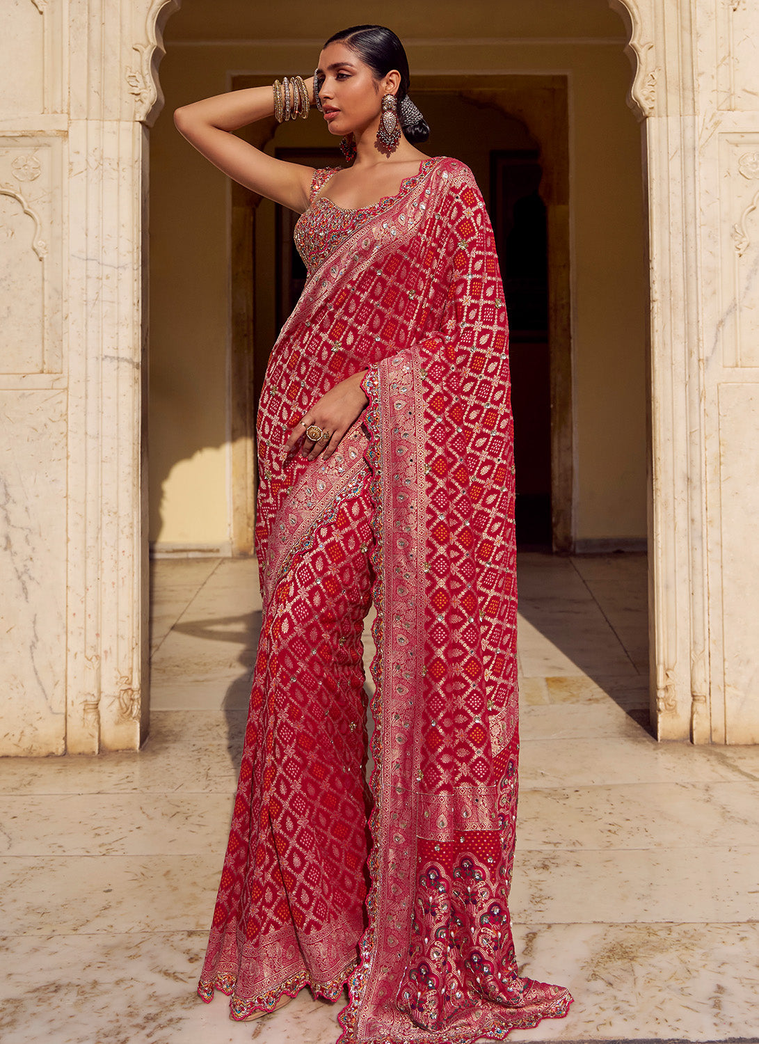 Pink Bandhani Printed Viscose Chiffon Saree
