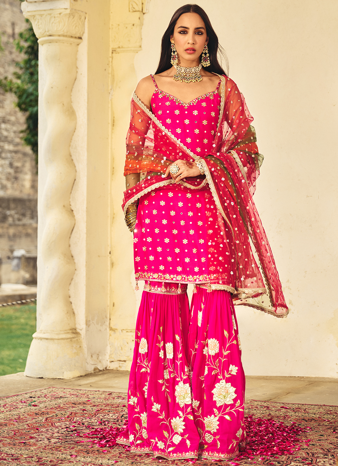 Pink Embroidered Brocade Gharara