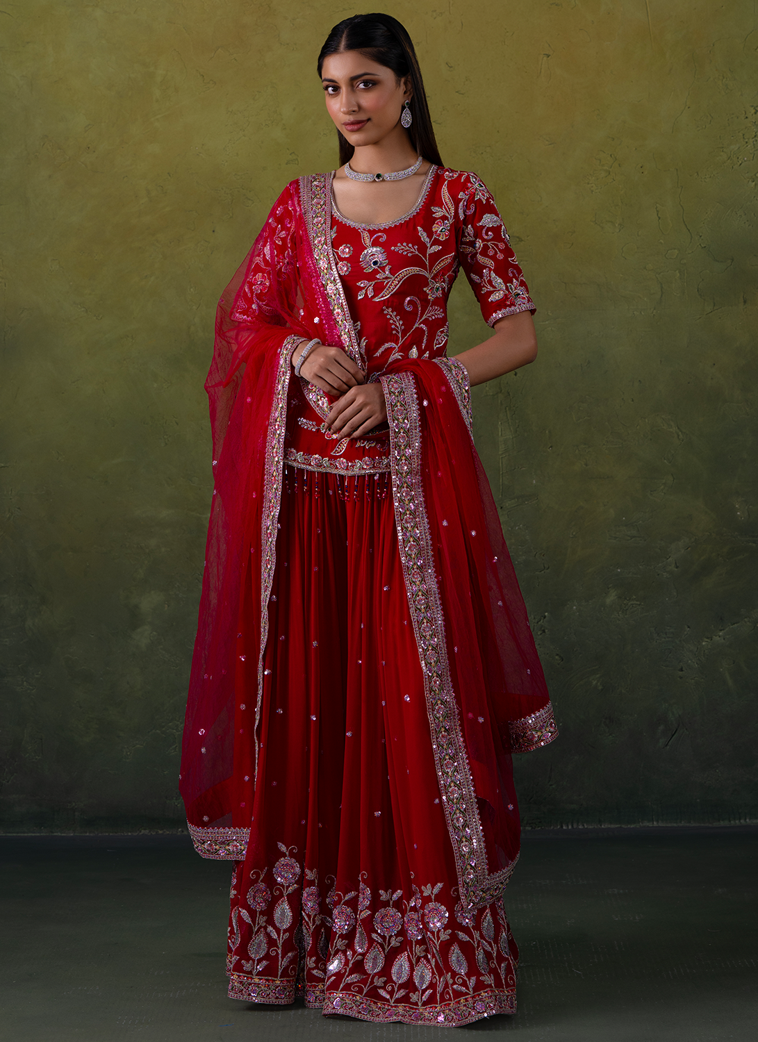 Pink Embroidered Crepe Sharara Suit