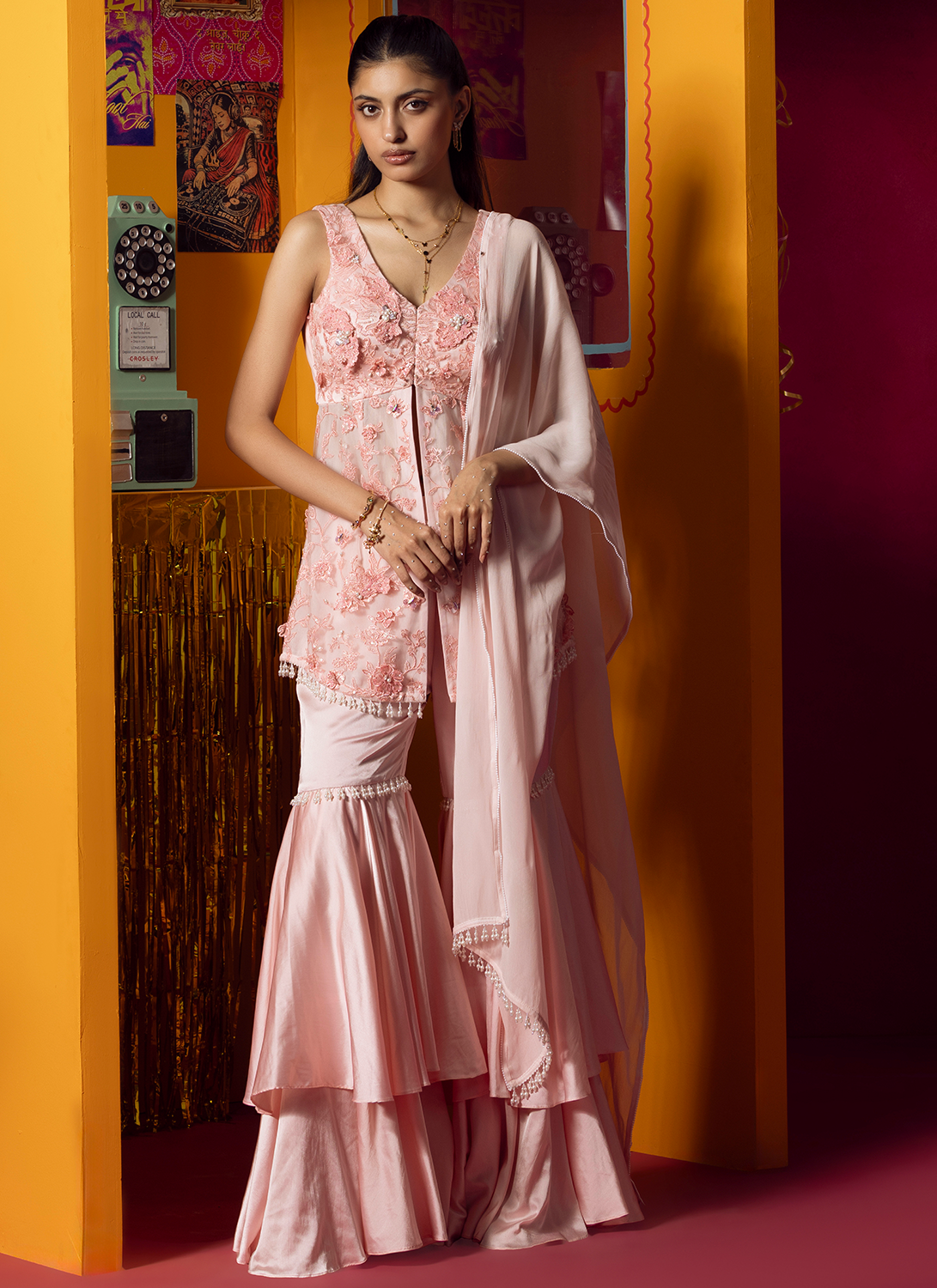 Pink Embroidered Net Gharara