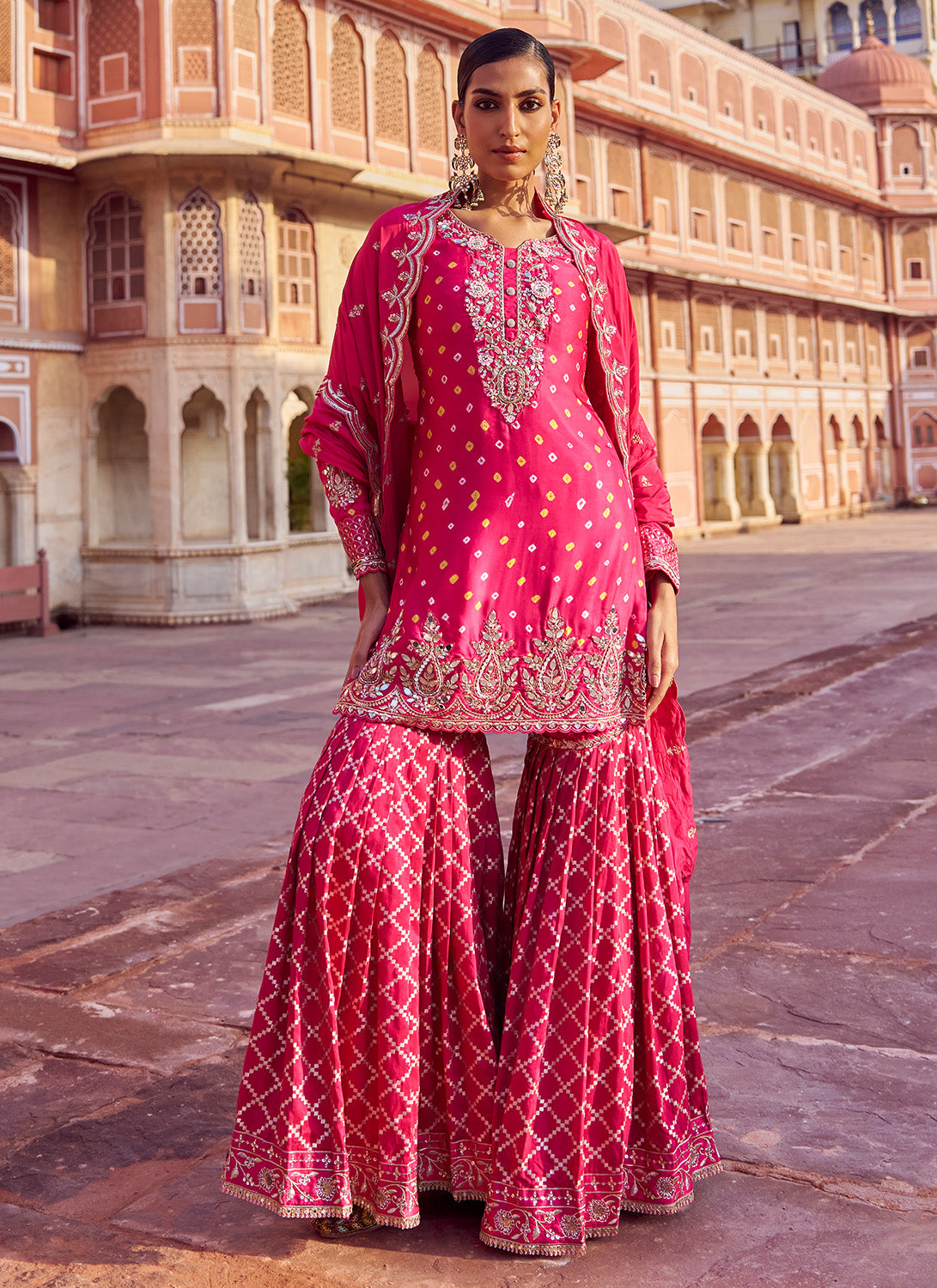 Pink Embroidered Pure Bandhani Gharara