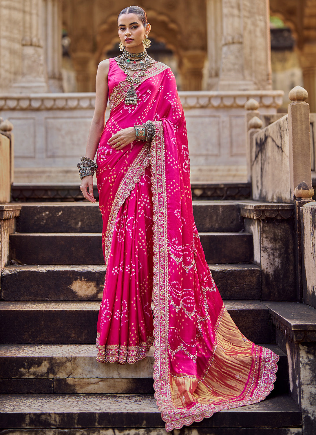 Pink Embroidered Pure Bandhani Saree