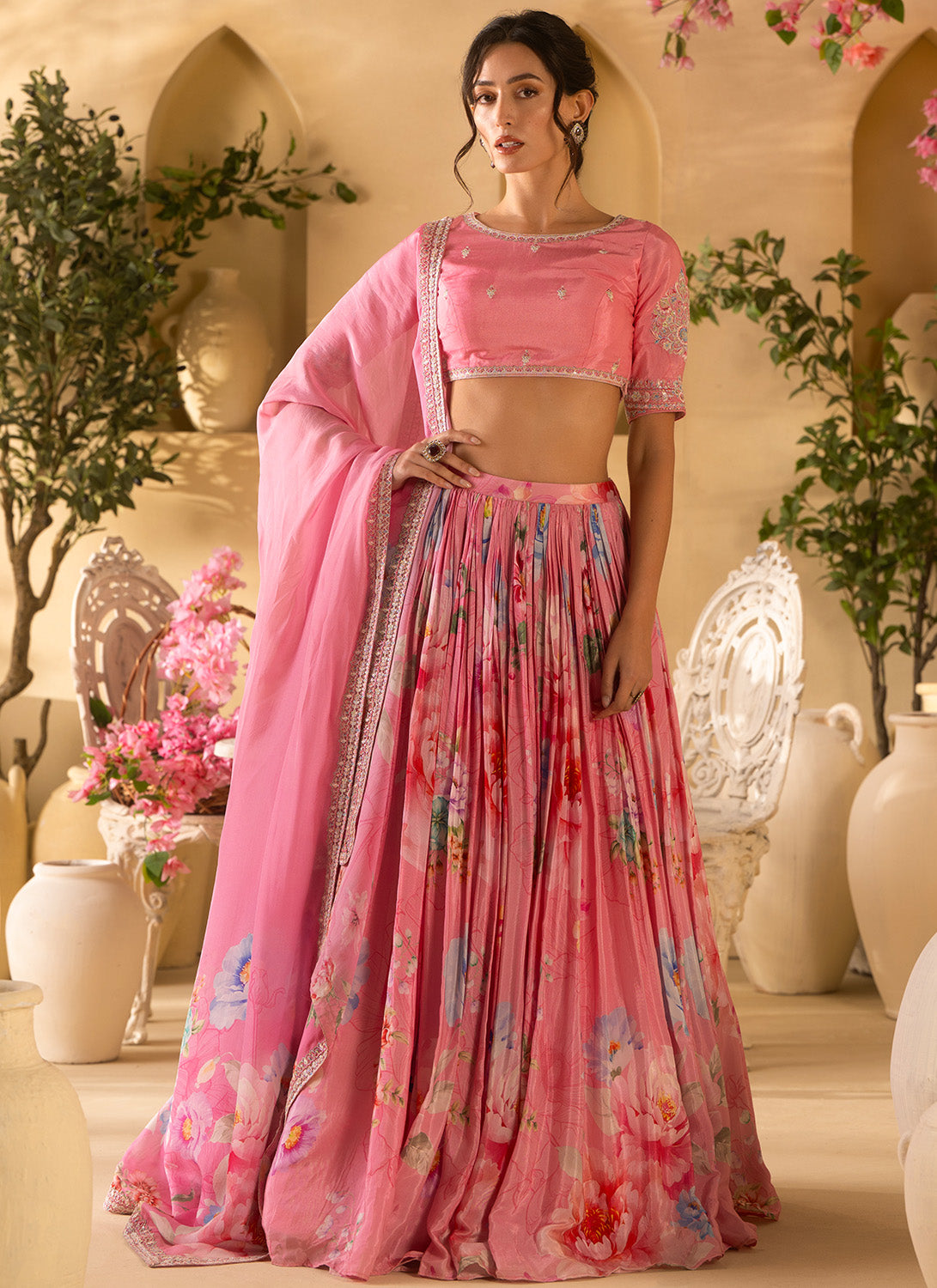 Pink Floral Embroidered Satin Georgette Lehenga