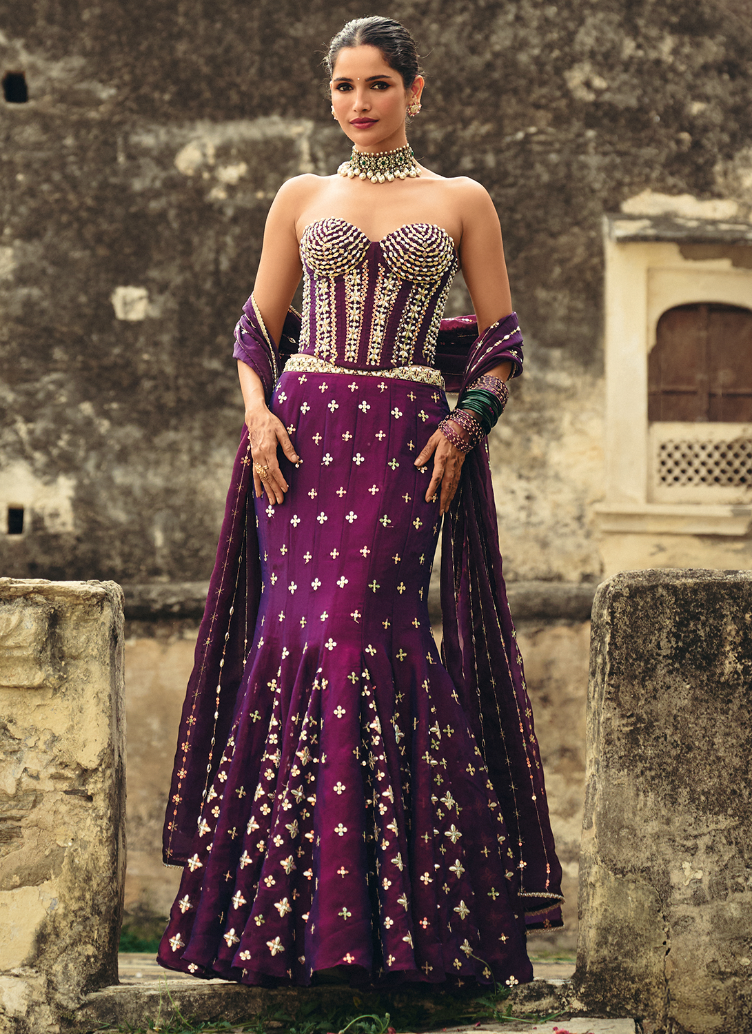 Purple Embroidered Georgette Corset Style Lehenga