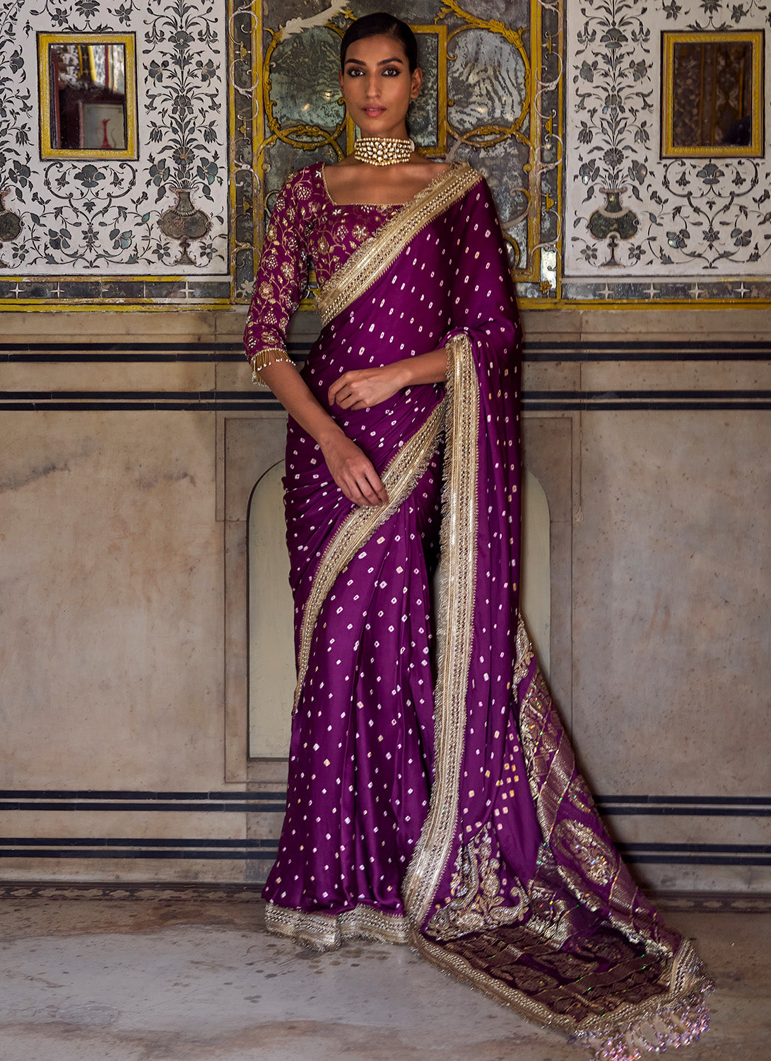 Purple Embroidered Pure Bandhani Saree