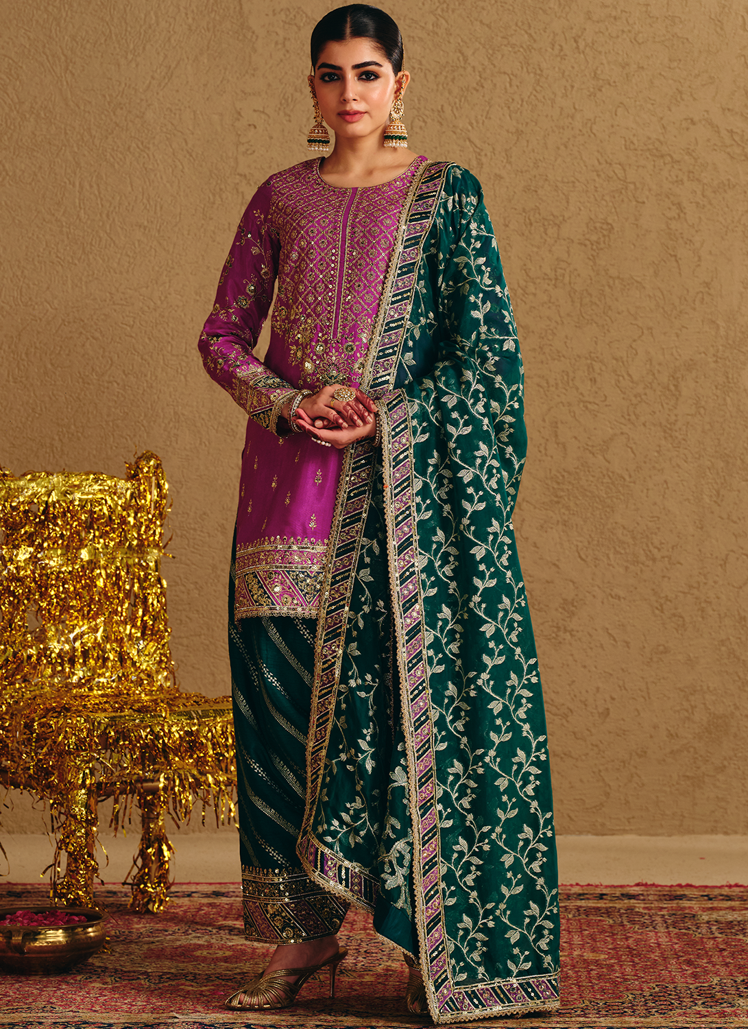 Purple and Green Embroidered Viscose Silk Punjabi Suit