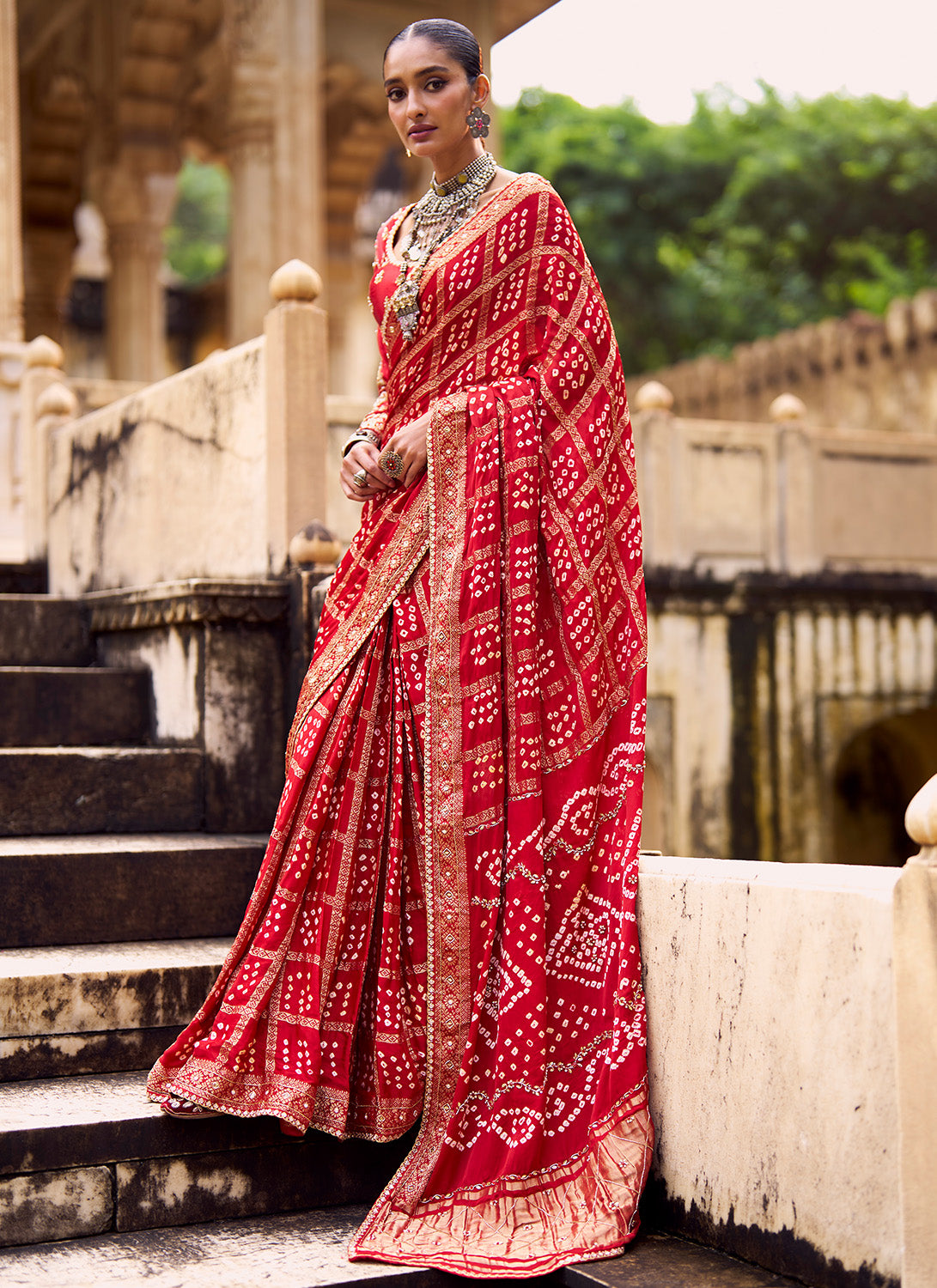 Red Embroidered Pure Bandhani Saree