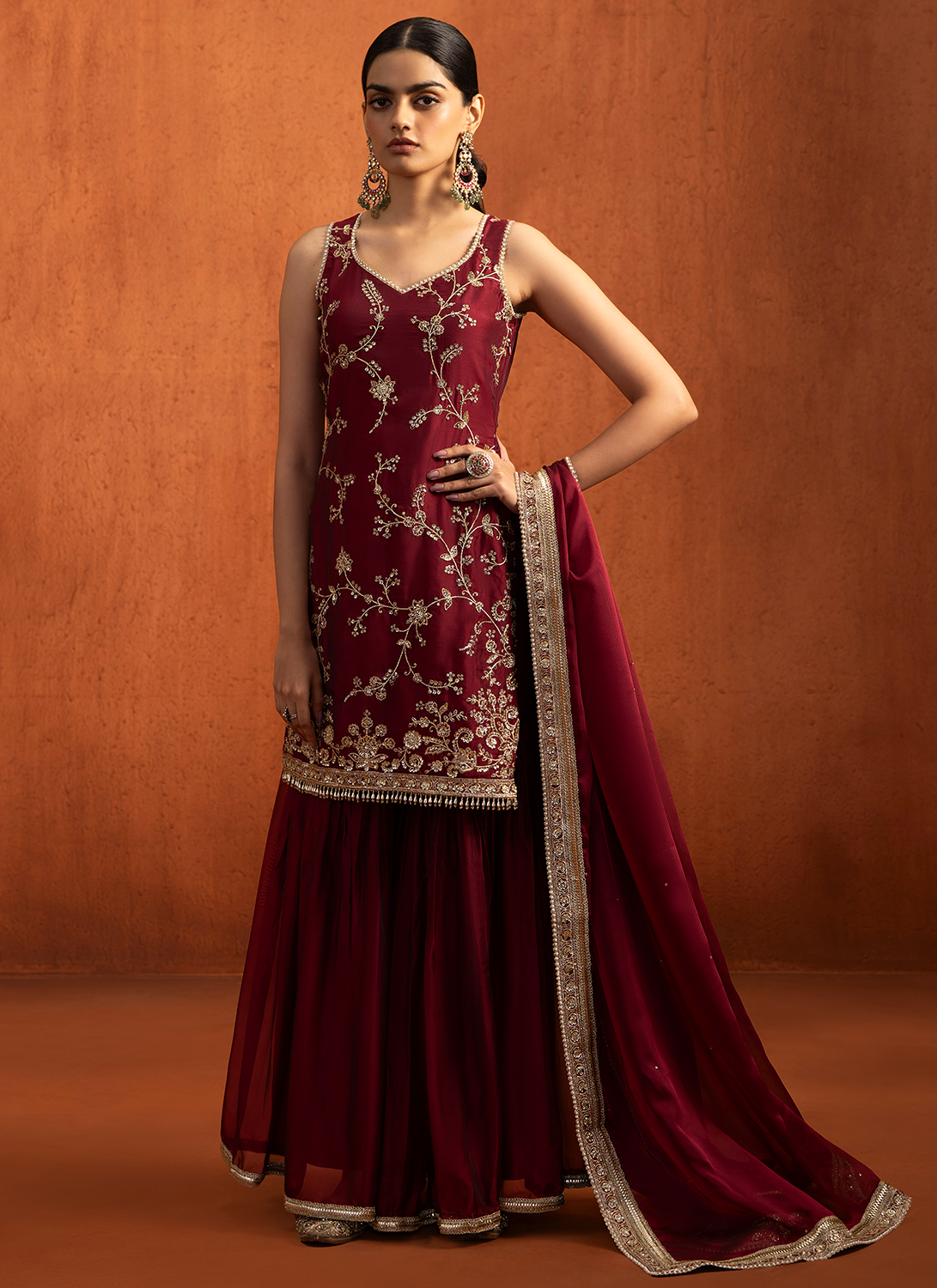Red Embroidered Silk Gharara Suit