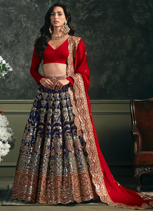 Red and Blue Embroidered Satin Lehenga