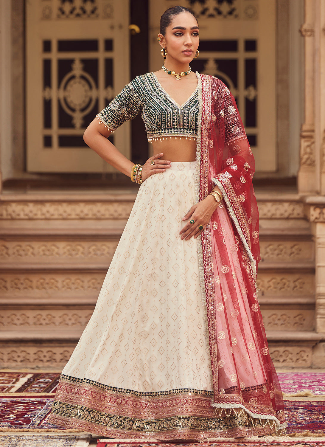 Red and Green Multicolor Embroidered Brocade Lehenga
