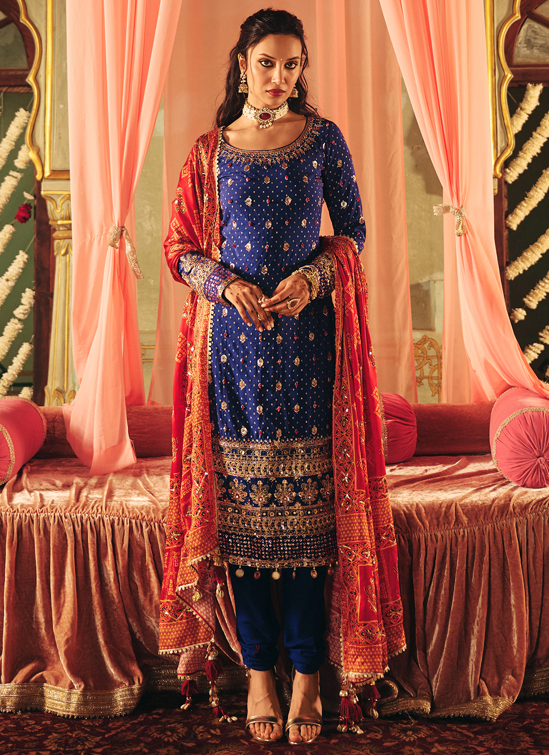 Royal Blue Embroidered Georgette Straight Suit