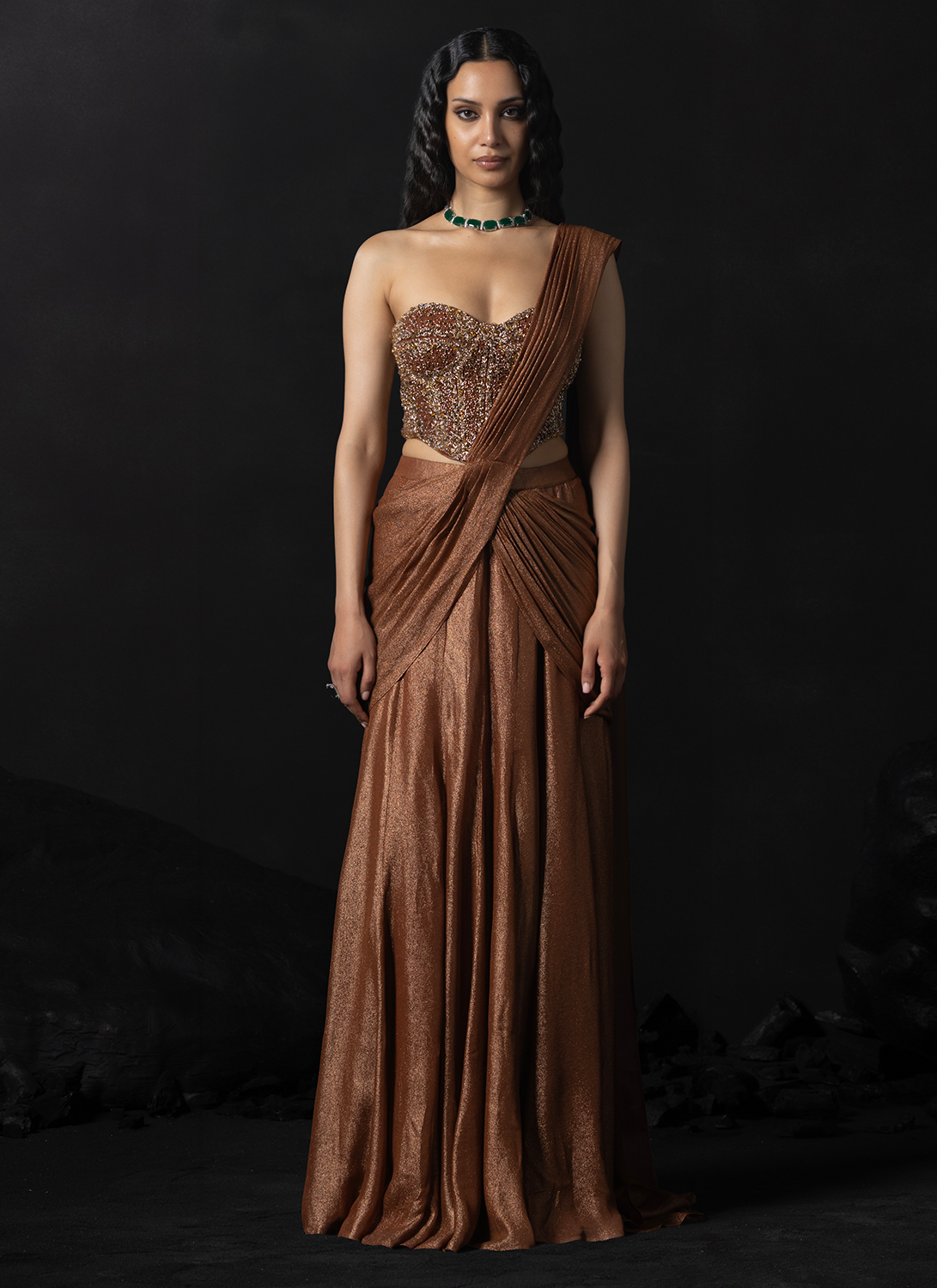 Rust Brown Embroidered Georgette Saree