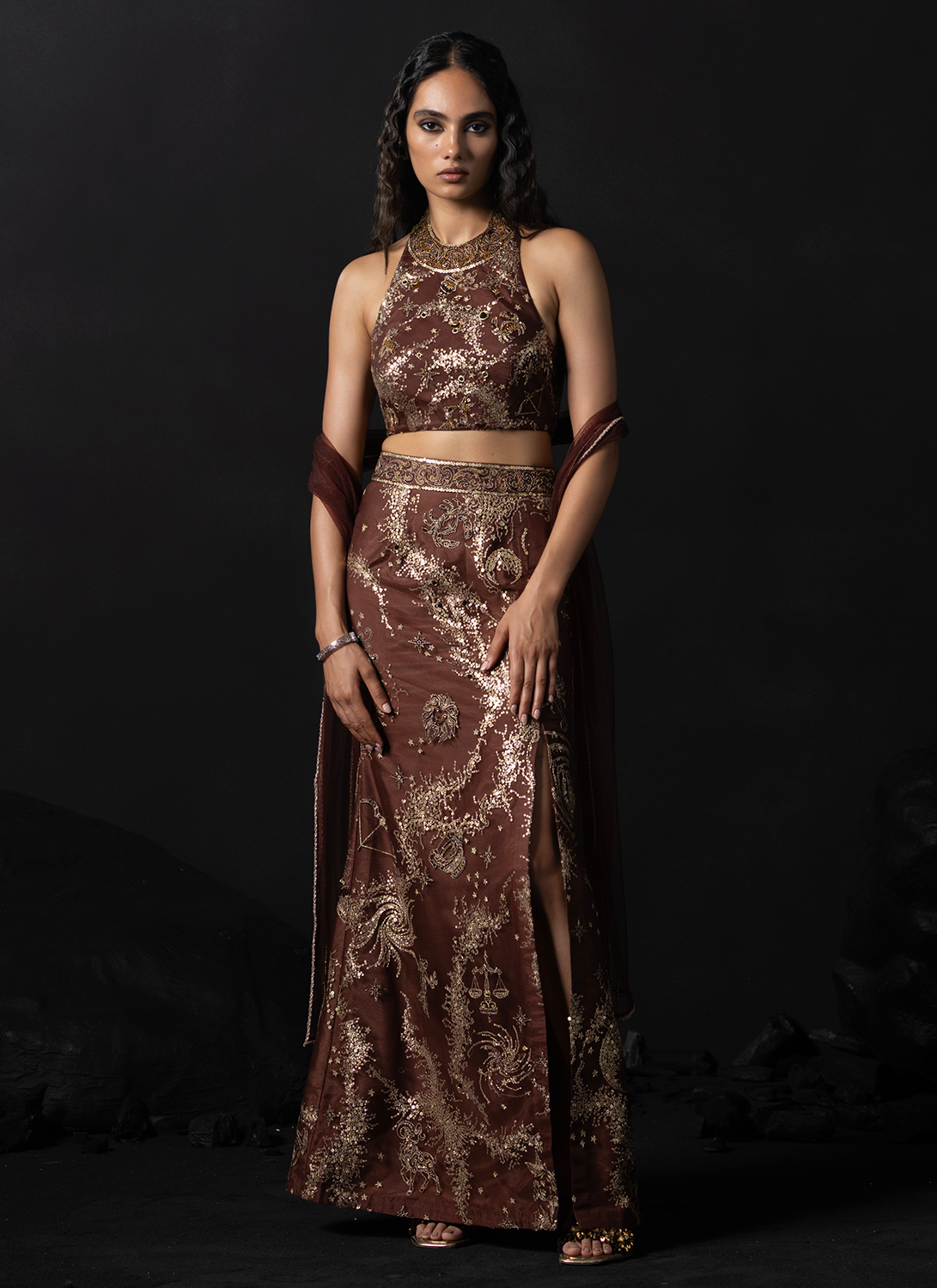 Rust Embroidered Net Lehenga