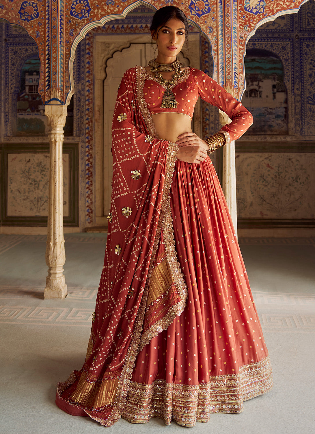 Rust Embroidered Pure Bandhani Lehenga