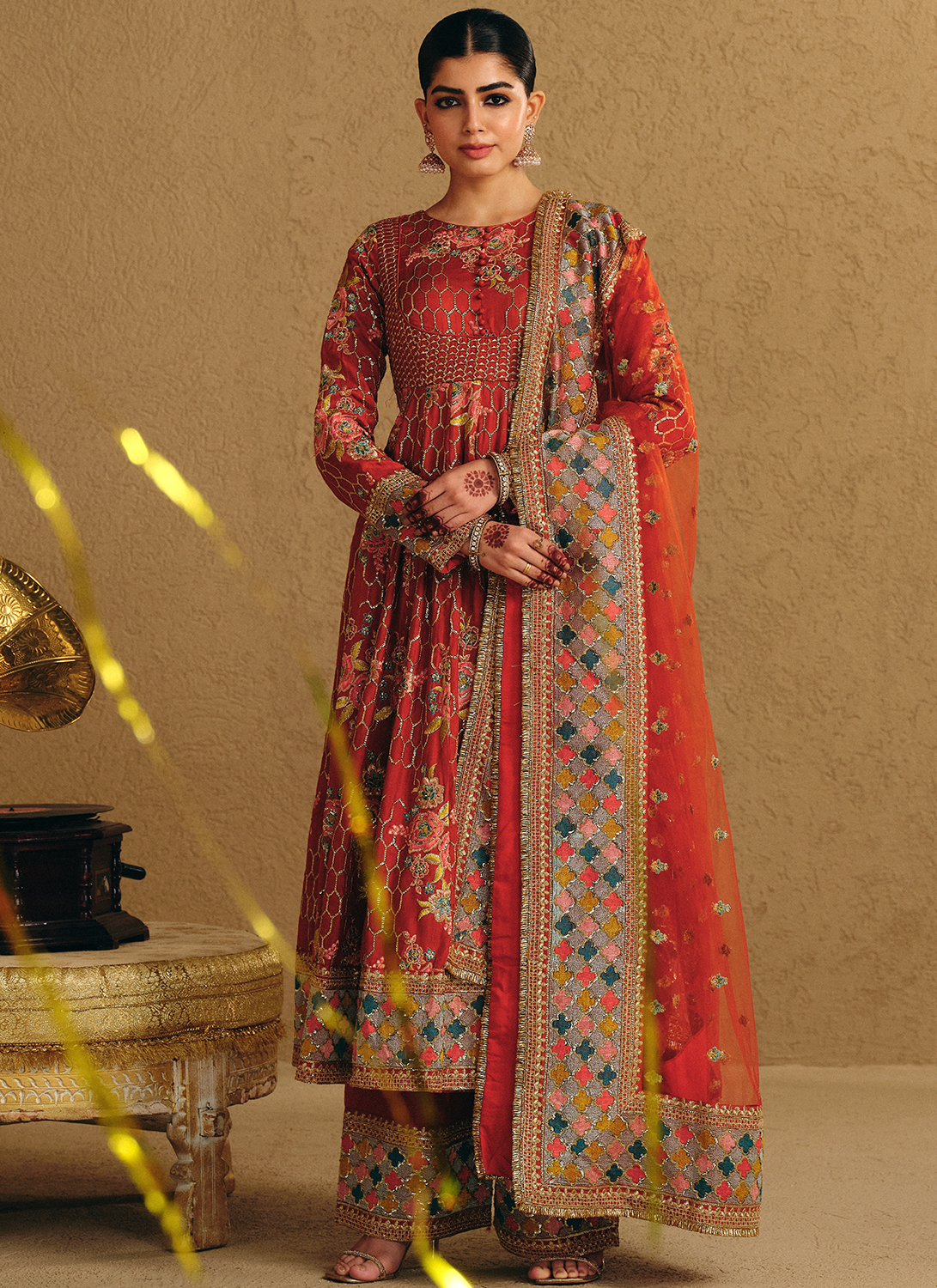 Rust Embroidered Viscose Silk Anarkali Style Palazzo