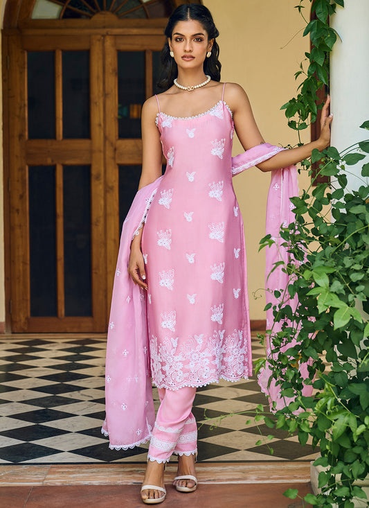 Pink Embroidered Cotton Straight Suit